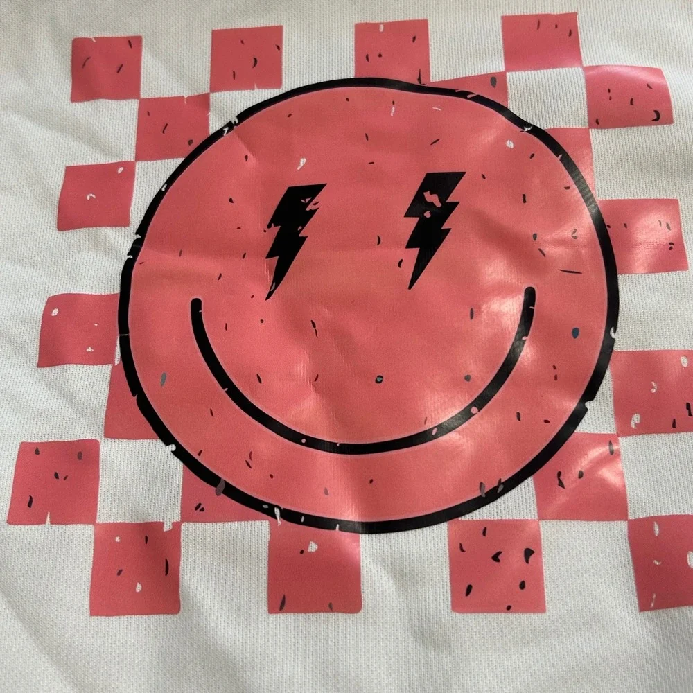 Kids White Checkered Smiley Face Lightning Bolt Sweatshirt Size 11-12Y Pullover